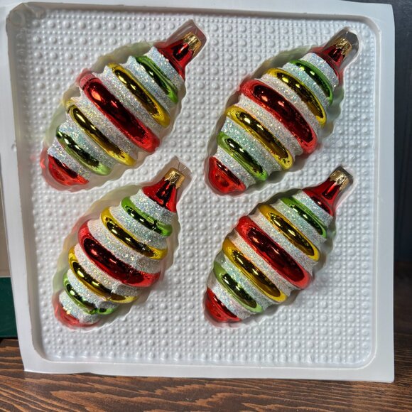 Vintage Glass Christmas Ornaments Red Gold Balls and Striped Pine Cones - Picture 9 of 12